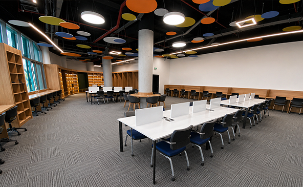 Geo Canopy acoustic PET felt ceiling panels at BIM Headquarters Denizli – colorful suspended ceiling installation view 4 by FeltVibe