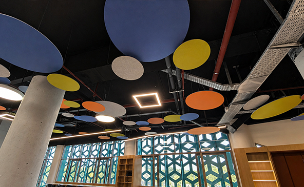 Geo Canopy acoustic PET felt ceiling panels at BIM Headquarters Denizli – colorful suspended ceiling installation view 5 by FeltVibe