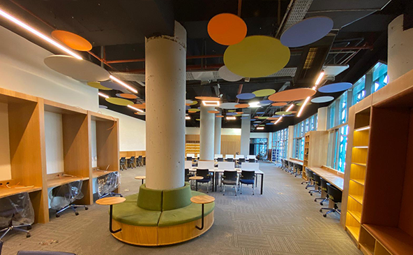 Geo Canopy acoustic PET felt ceiling panels at BIM Headquarters Denizli – colorful suspended ceiling installation view 7 by FeltVibe